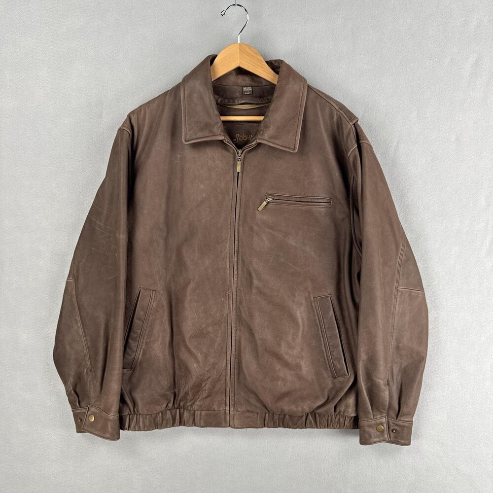 Vintage St Johns Bay Jacket Mens XL Brown Leather Bomber Quilted Lined Pockets